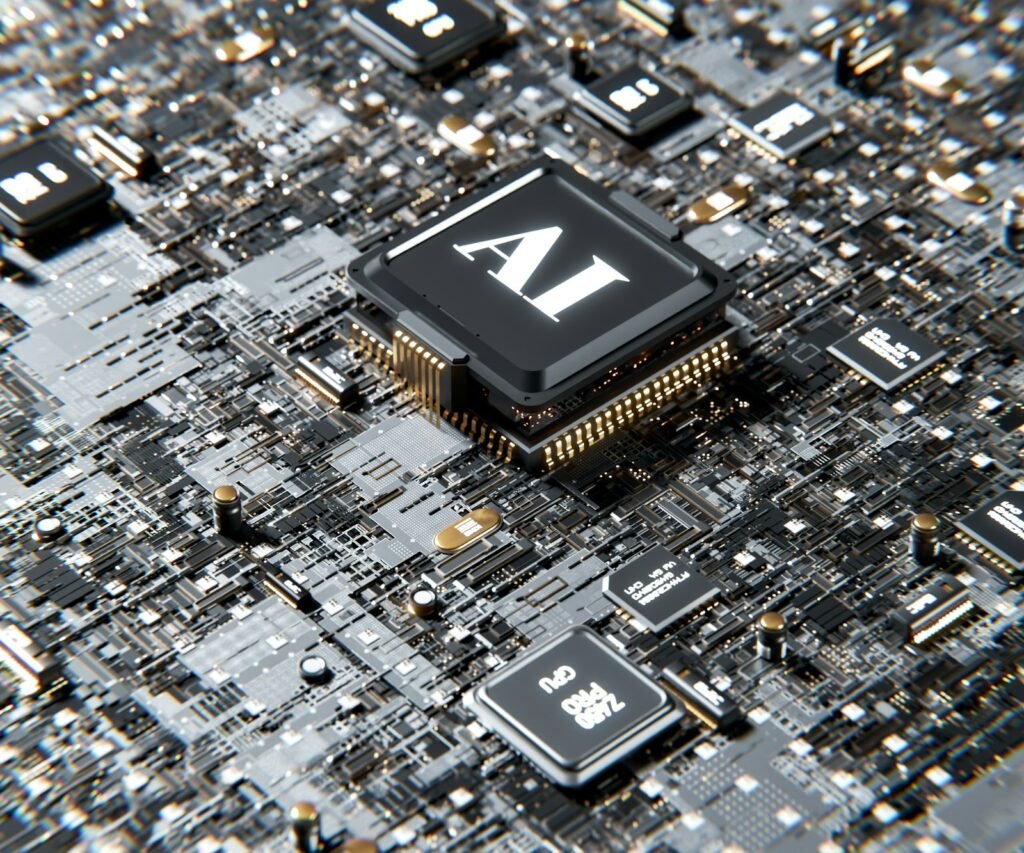 Chip de inteligencia artificial sobre placa de circuito iluminada
