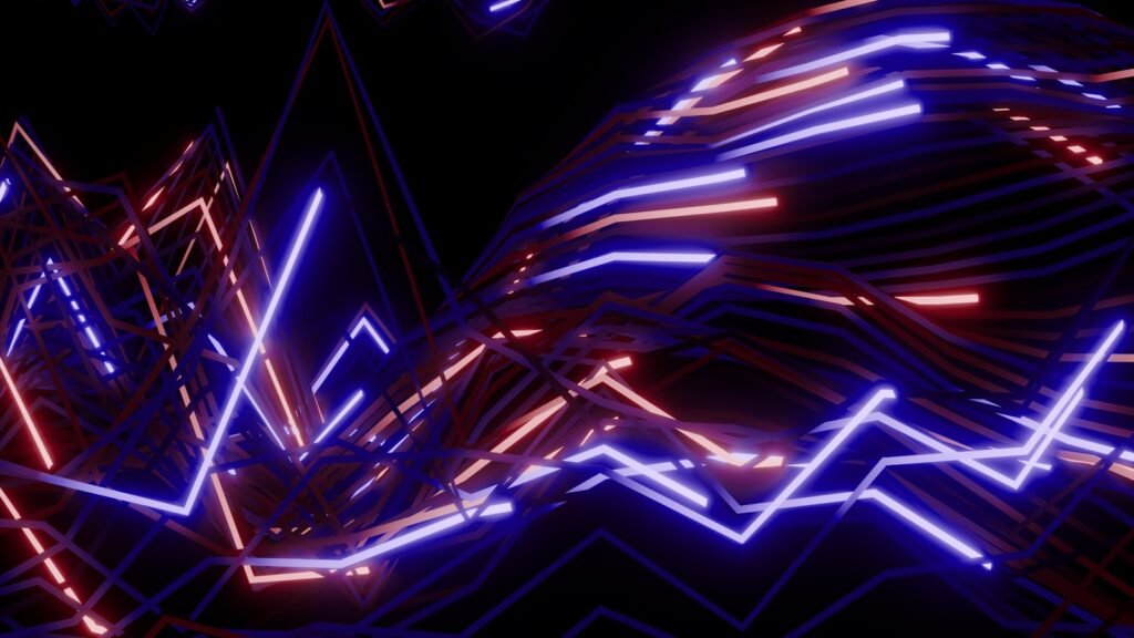 Lineas neon abstractas sobre fondo oscuro, estetica tecnologica para branding