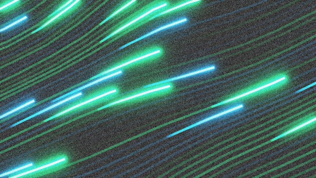 Trazos de luz neon sobre fondo oscuro, render 3D abstracto y futurista