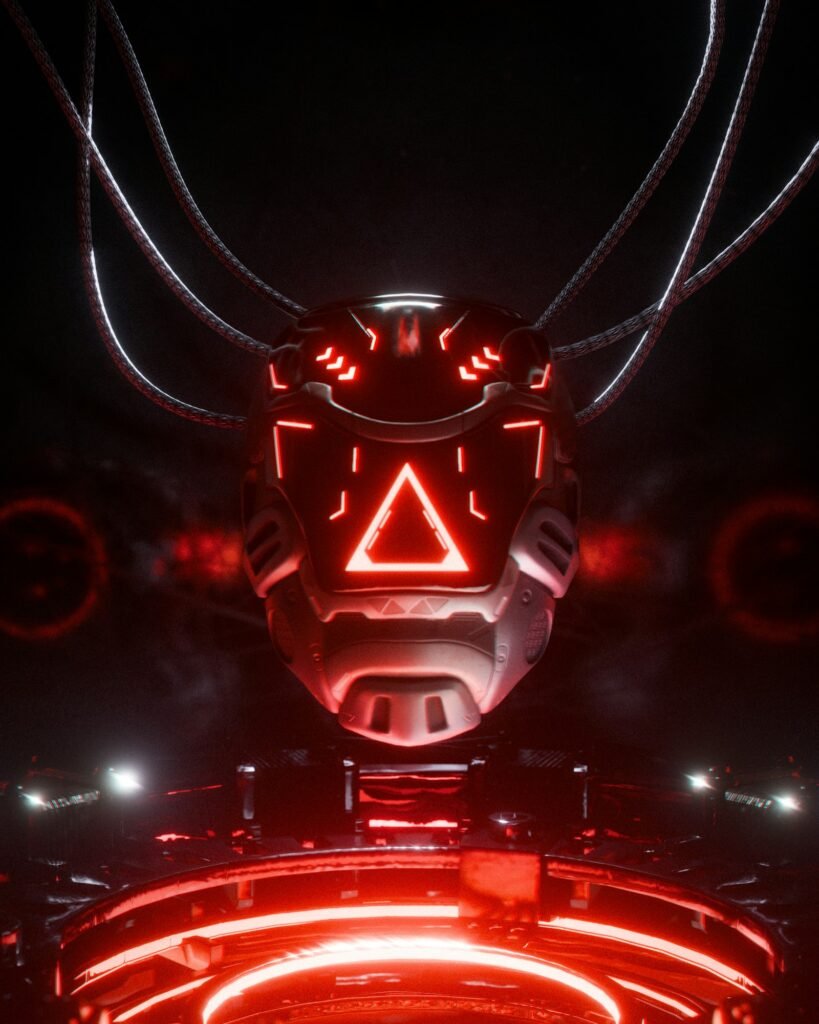 Entidad cibernetica con luces neon sobre fondo oscuro, inteligencia artificial futurista